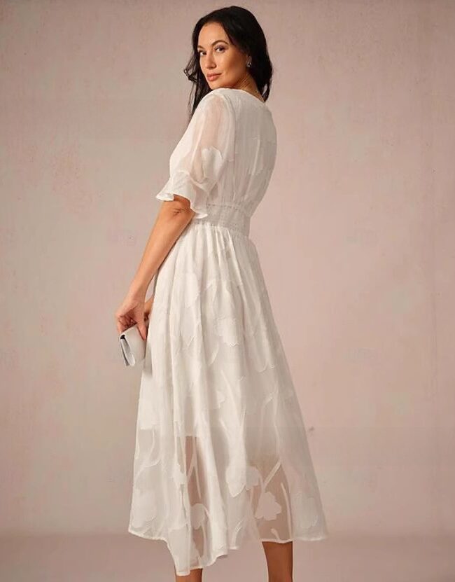 The Laure Elegant V Neck Jacquard a Line Midi Dress Detail – La Rose Couture Dresses & Gowns