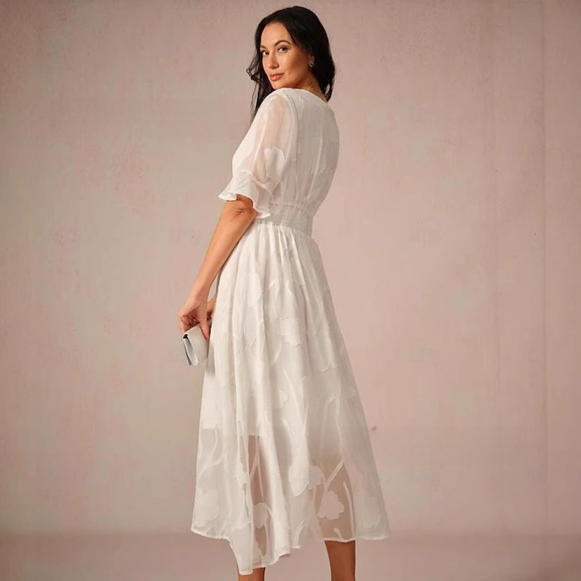 Womens Elegant V-Neck Jacquard A-Line Midi Dress - Image 4