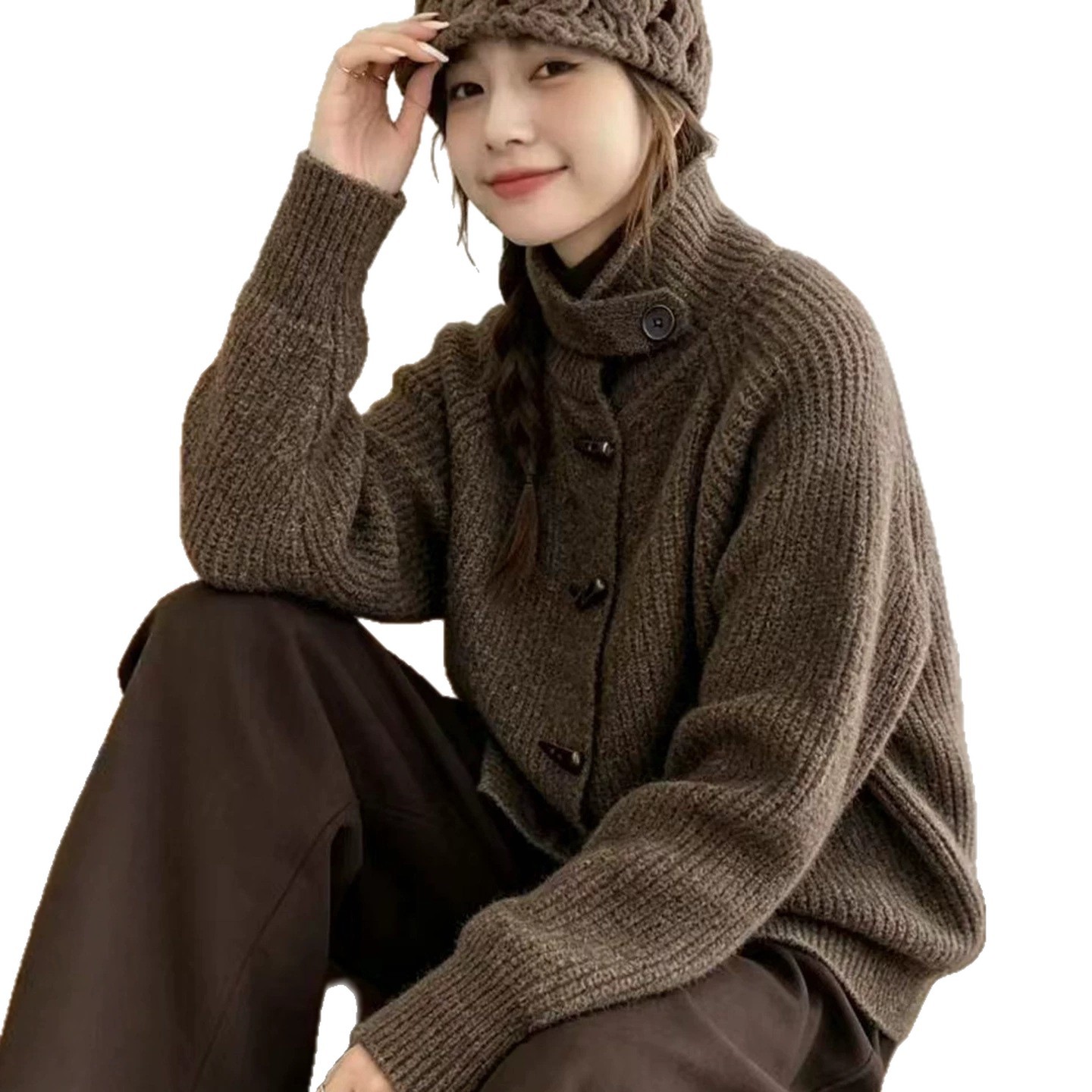 Women Knitted High Collar Cardigan Horn Button Thick Sweater - Image 2