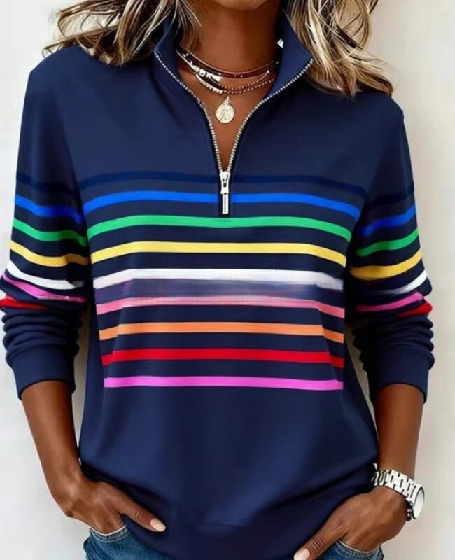 The Cyrielle Colorful Striped Half Zip Stand Collar Long Sleeve Sweatshirt Detail – La Rose Couture Tops & Blouses
