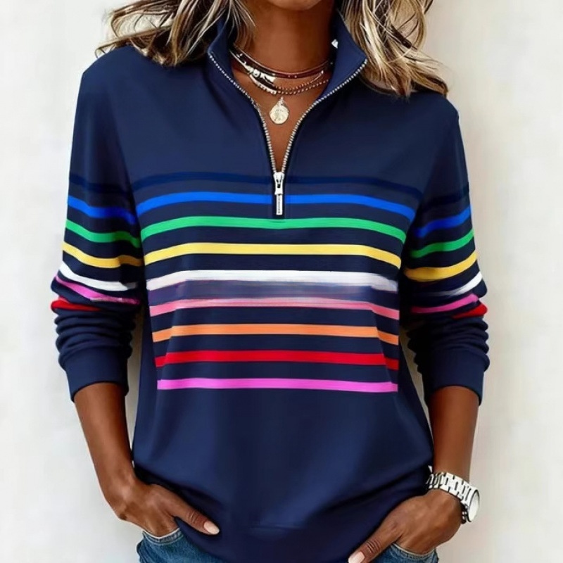 Colorful Striped Half Zip Stand Collar Long Sleeve Sweatshirt - Image 3