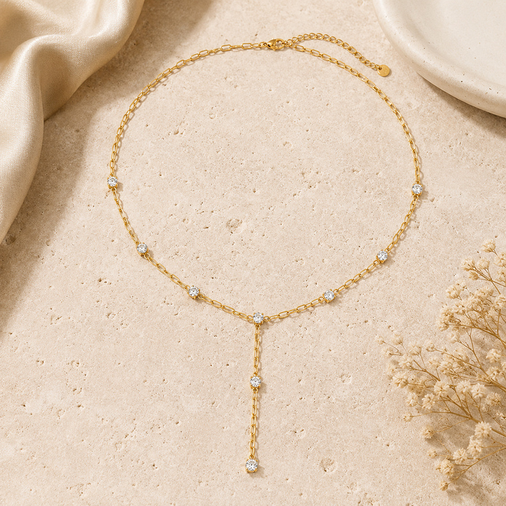 Stainless Steel Necklace Geometric Zircon Inlay 18K Gold Plated - Image 3