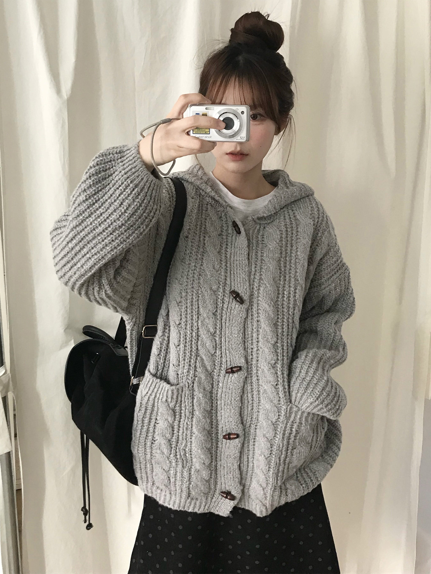 Women's Gray Hooded Button Knit Sweater Jacket - Image 3
