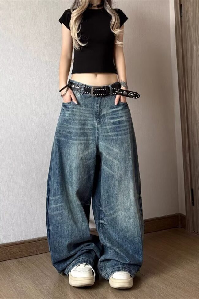 The Astrid Vintage Distressed High Waist Wide Leg Floor Length Denim Pants – La Rose Couture Trousers & Skirts