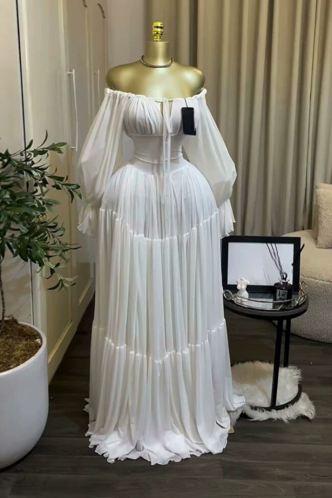 The Fabienne Elegant Lantern Sleeve Tie Slim Fit Pleated Long Dress Detail – La Rose Couture Dresses & Gowns