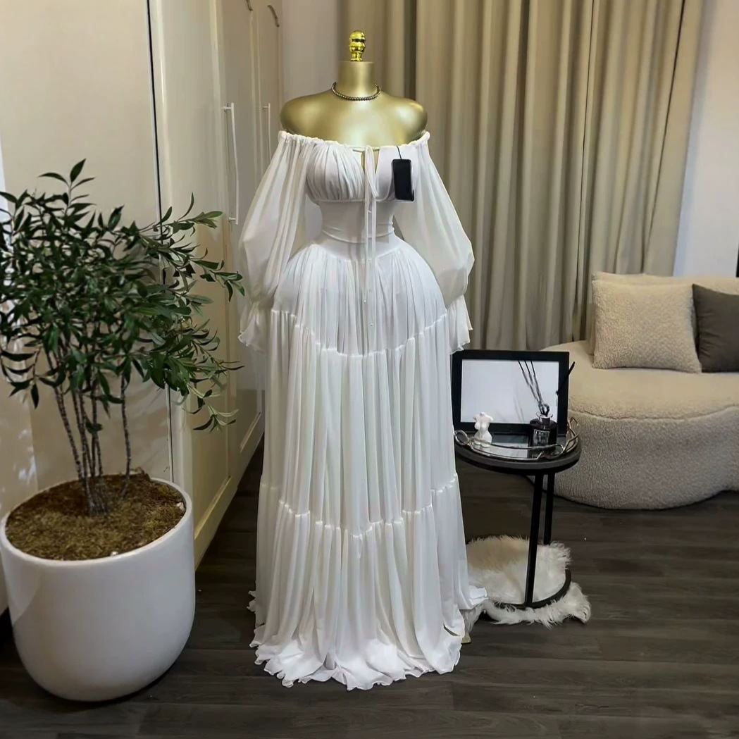 elegant lantern sleeve tie slim-fit pleated long dress - Image 5