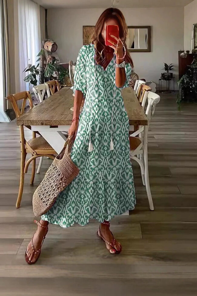 The Alix V Neck Printed Fringe Bell Sleeve Loose Maxi Dress Detail – La Rose Couture Dresses & Gowns