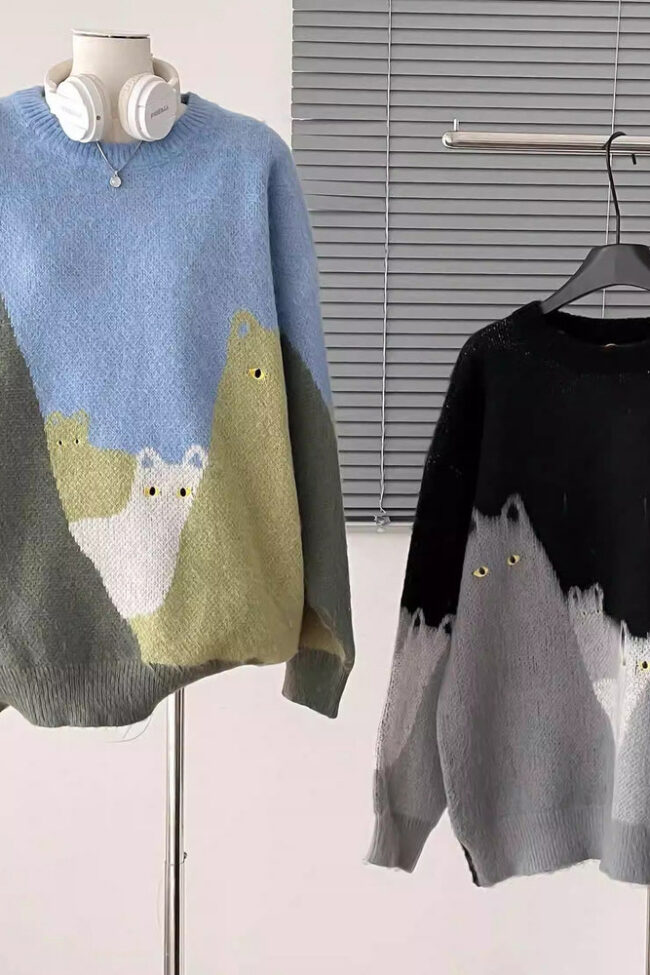 The Apolline Cartoon Cat Jacquard Knitted Sweater Detail – La Rose Couture Coats & Jackets