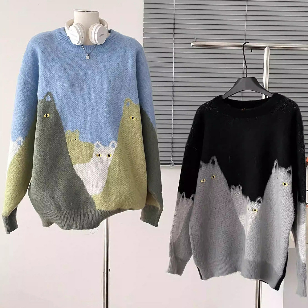 Cartoon Cat Jacquard Knitted Sweater - Image 3