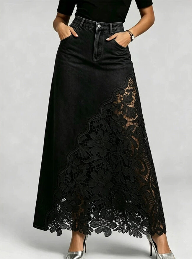 The Ariane Lace Trim Denim Midi Skirt Detail – La Rose Couture Trousers & Skirts
