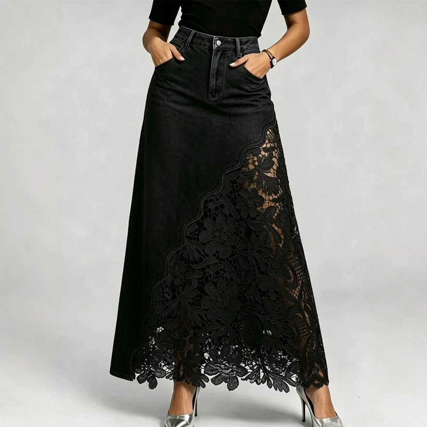 Lace Trim Denim Midi Skirt - Image 5