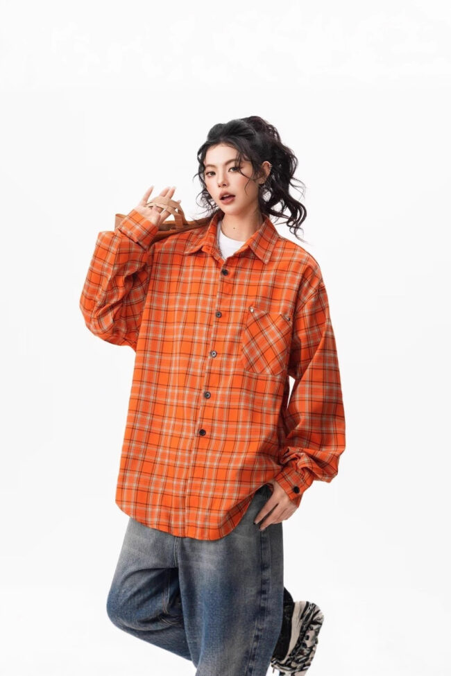 The Marine Retro Orange Plaid Loose Long Sleeve Lapel Shirt Detail – La Rose Couture Tops & Blouses