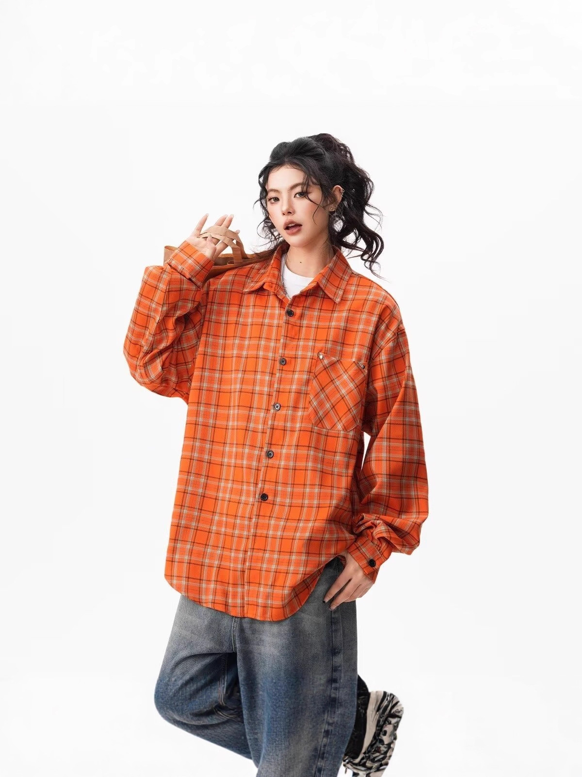 Retro Orange Plaid Loose Long Sleeve Lapel Shirt - Image 3