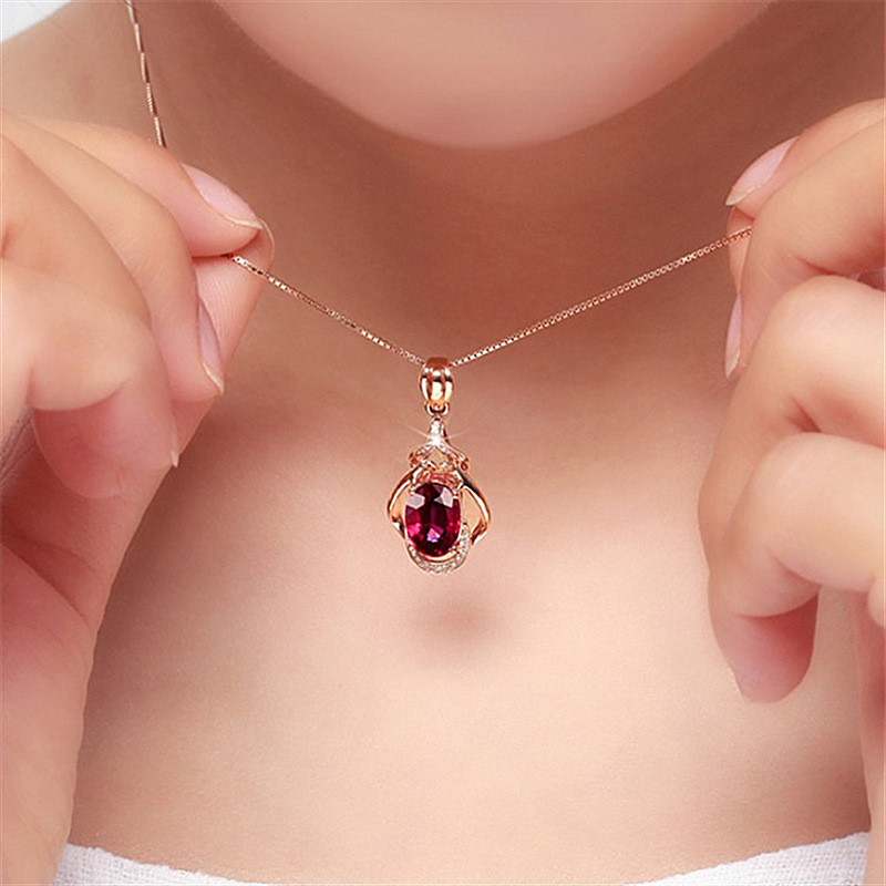 Rose Gold Plated Red Tourmaline Water Drop Gemstone Pendant Necklace with Chain - Image 4