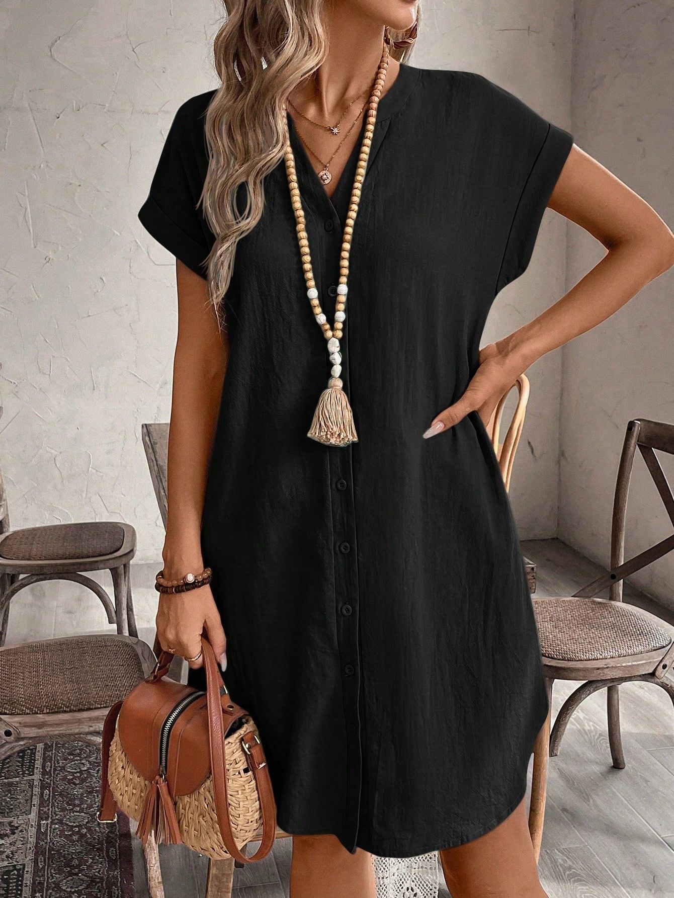 Womens V-Neck Cotton Casual Dress - Image 3