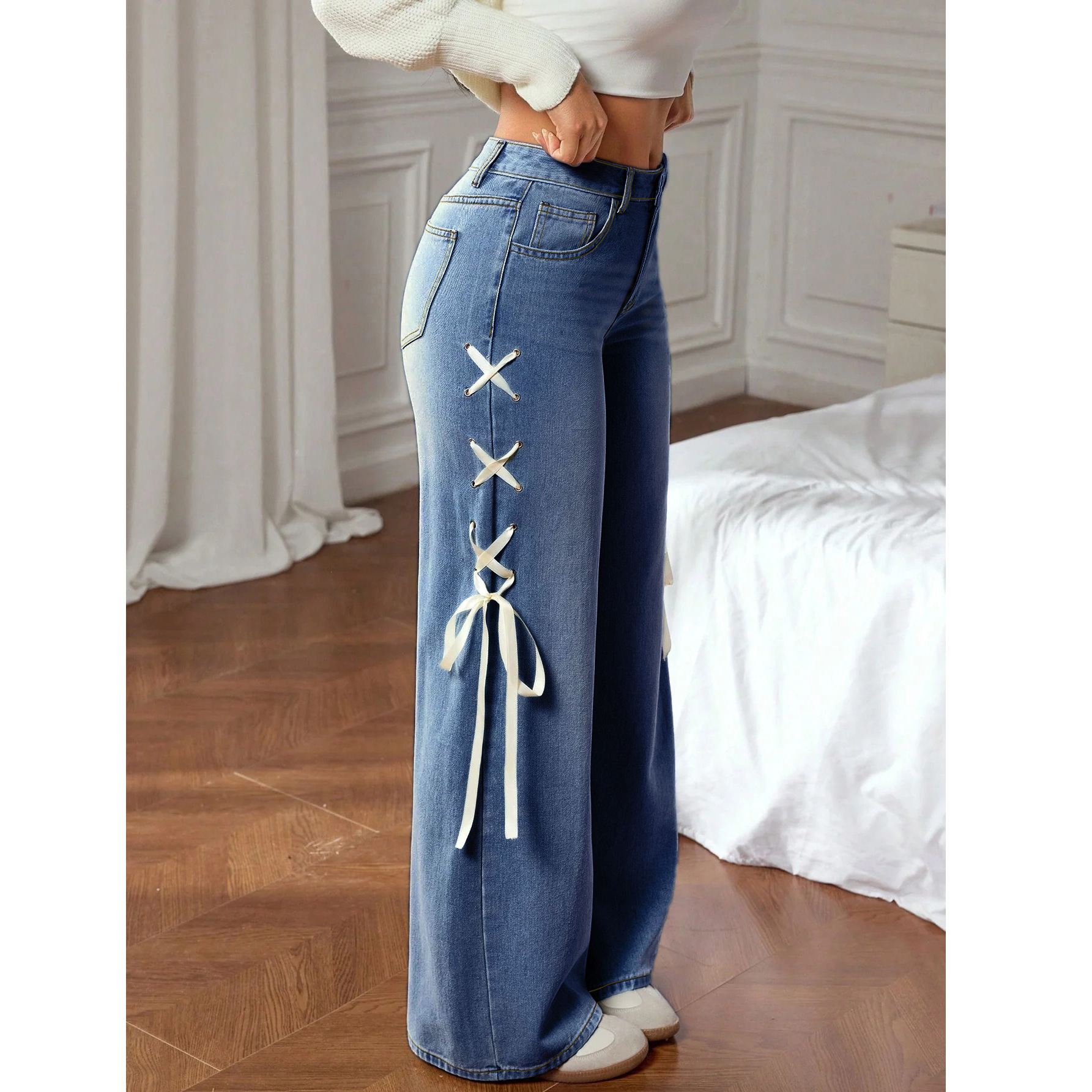 Womens Ribbon Accent Straight Leg Jeans - Image 5