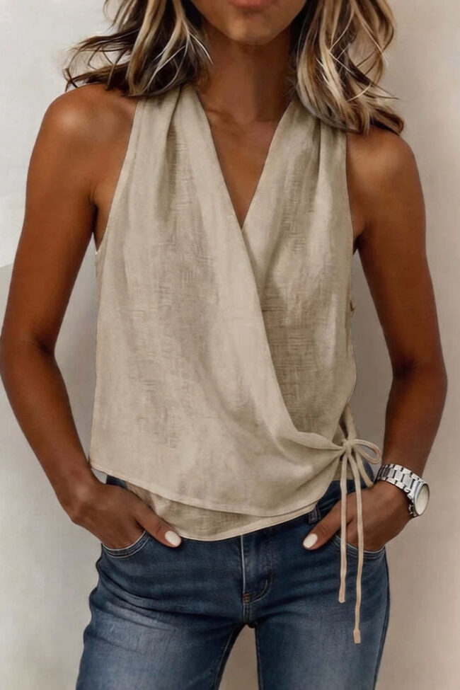 The Rosalie Sleeveless V Neck Tie Up Lightweight Knitted Tank Top Detail – La Rose Couture Tops & Blouses