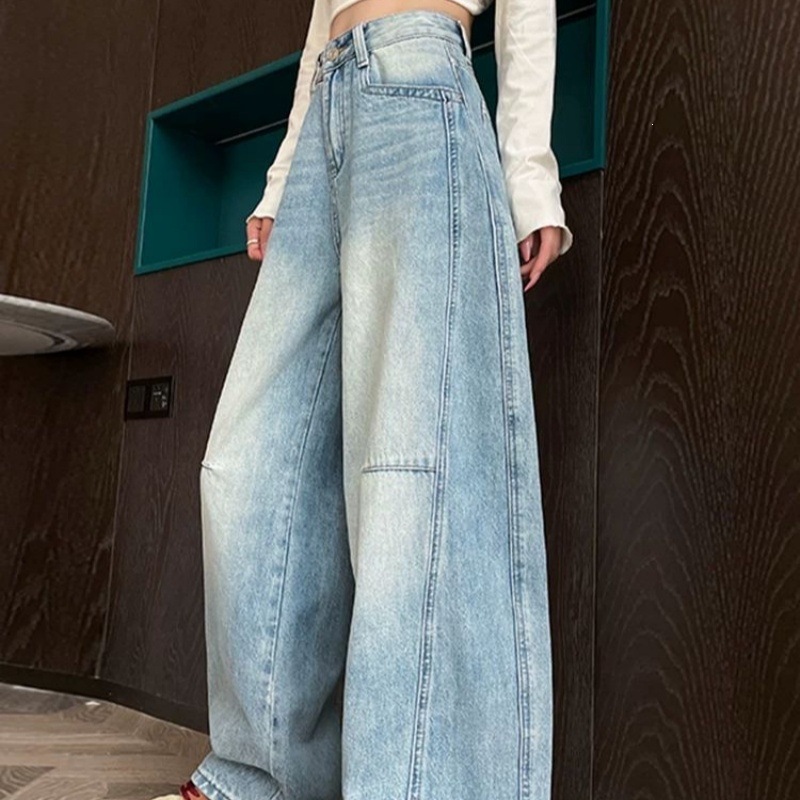 Women's Vintage Blue High-Waisted Curved-Leg Denim Trousers - Image 3