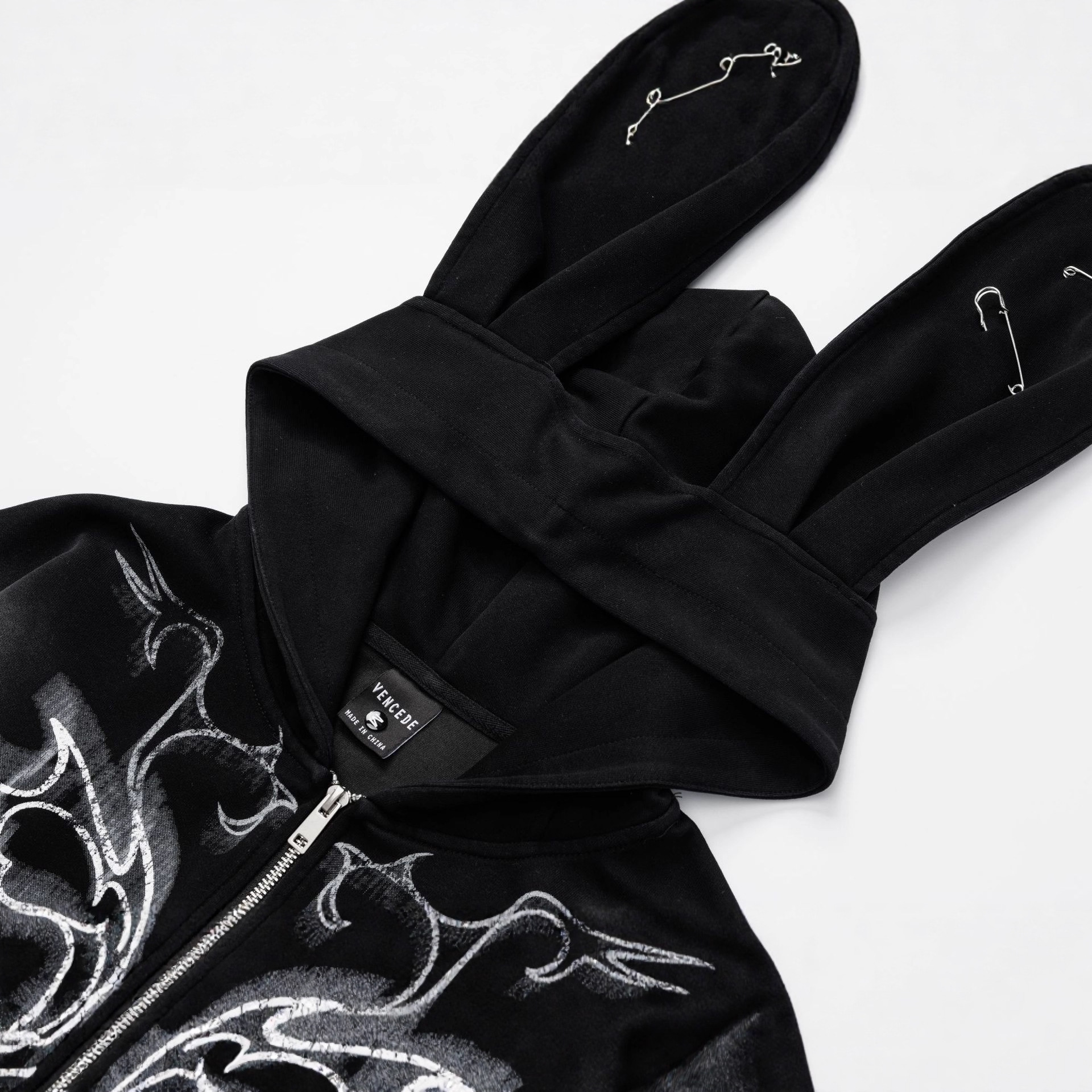 Women Y2K Pin Graffiti Rabbit Ears Hooded Sweatshirt Autumn Streetwear - Image 2