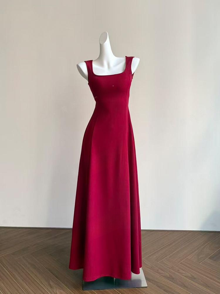 Square Neck Strap Dress Slim Fit A-Line Long Dress - Image 2