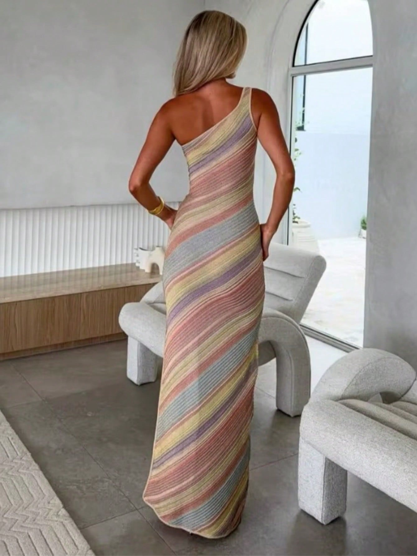 Color Block Off Shoulder Bodycon Dress Slim Fit Strap Dress - Image 4