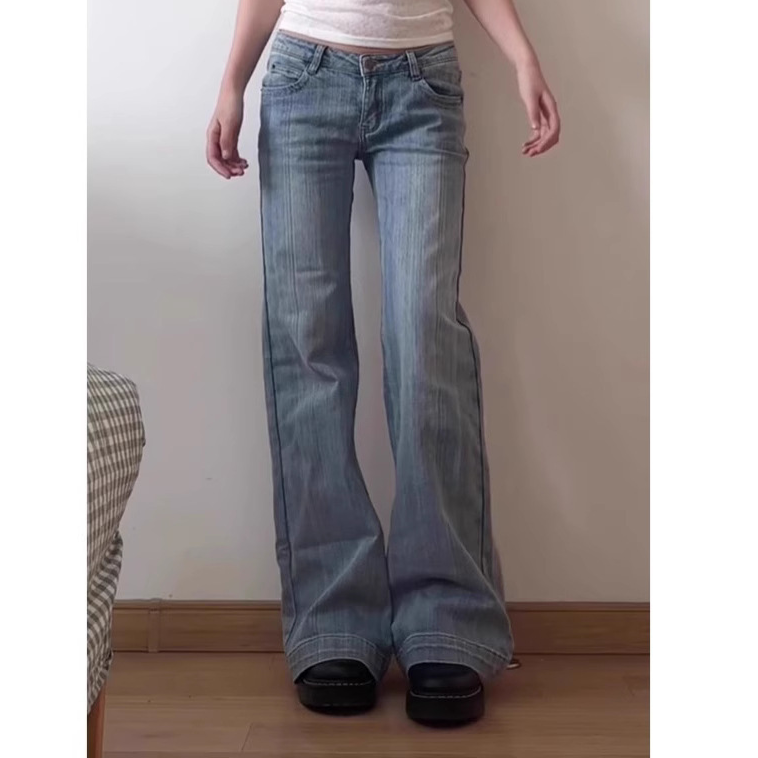 Womens Light Blue Flared Bootcut Jeans Low Waist Denim Pants - Image 2