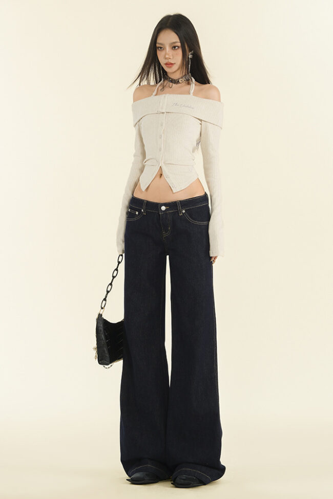 The Clothilde Dark Blue Low Waisted Micro Flared Jeans Detail – La Rose Couture Trousers & Skirts