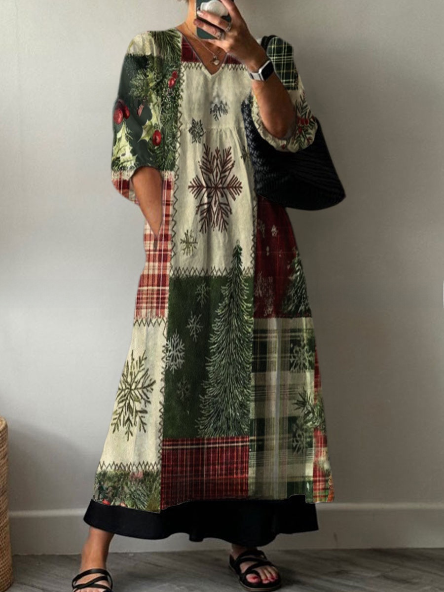 Womens Loose VNeck Long Sleeve Print Dress - Image 3
