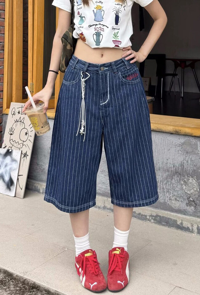 The Leonie Retro Striped Embroidered Denim Cropped Pants – La Rose Couture Trousers & Skirts