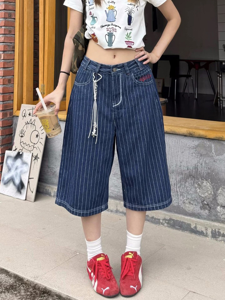 Womens Retro Striped Embroidered Denim Cropped Pants