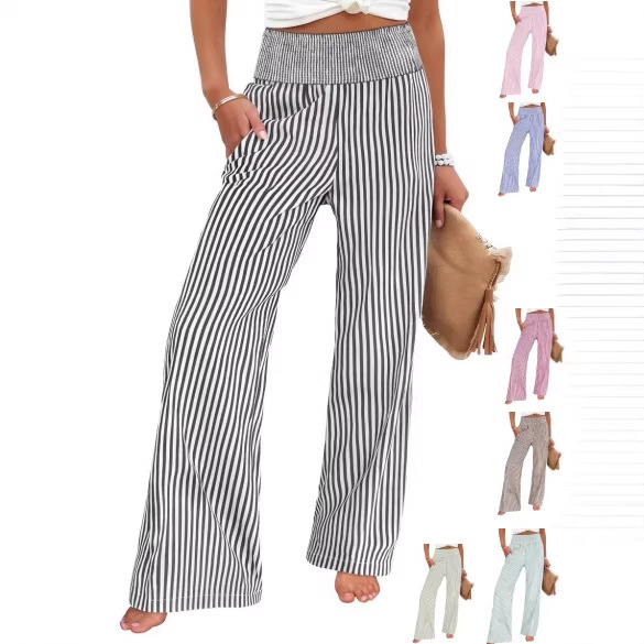 Womens Loose Striped Cotton Linen Casual Pants with Elastic Waist