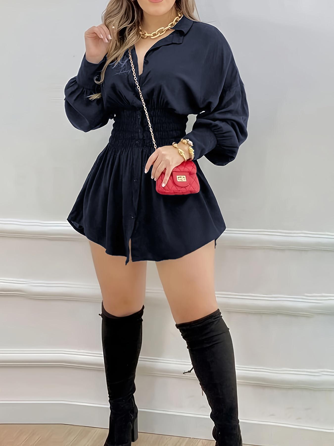 Womens Pleated Shirt Dress Long Sleeve - Image 3