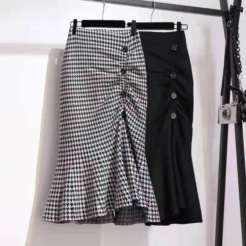 Women Pencil Skirt Midi Length Plaid Fishtail