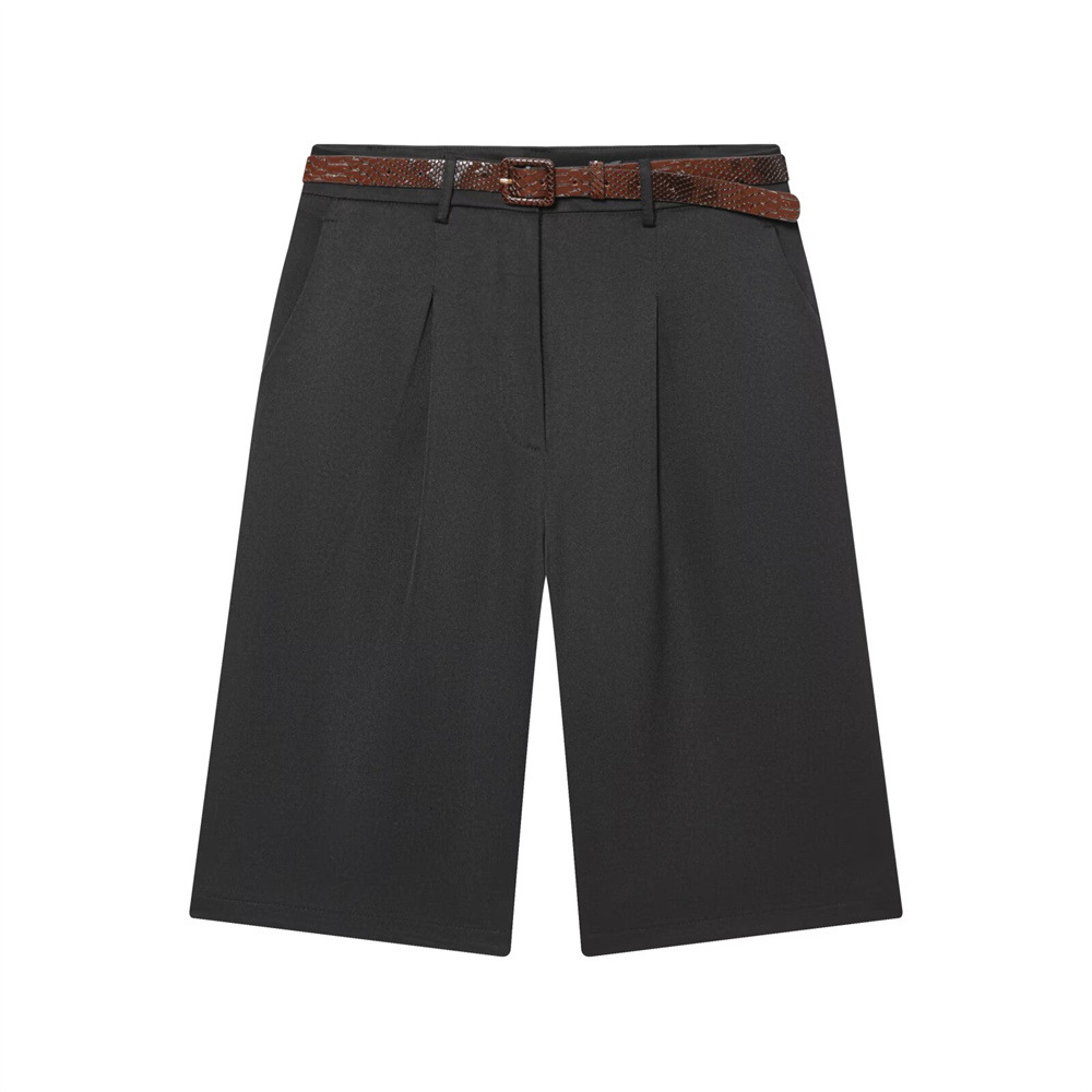 Women's high-waisted zipper pleated short pants with belt - Image 4
