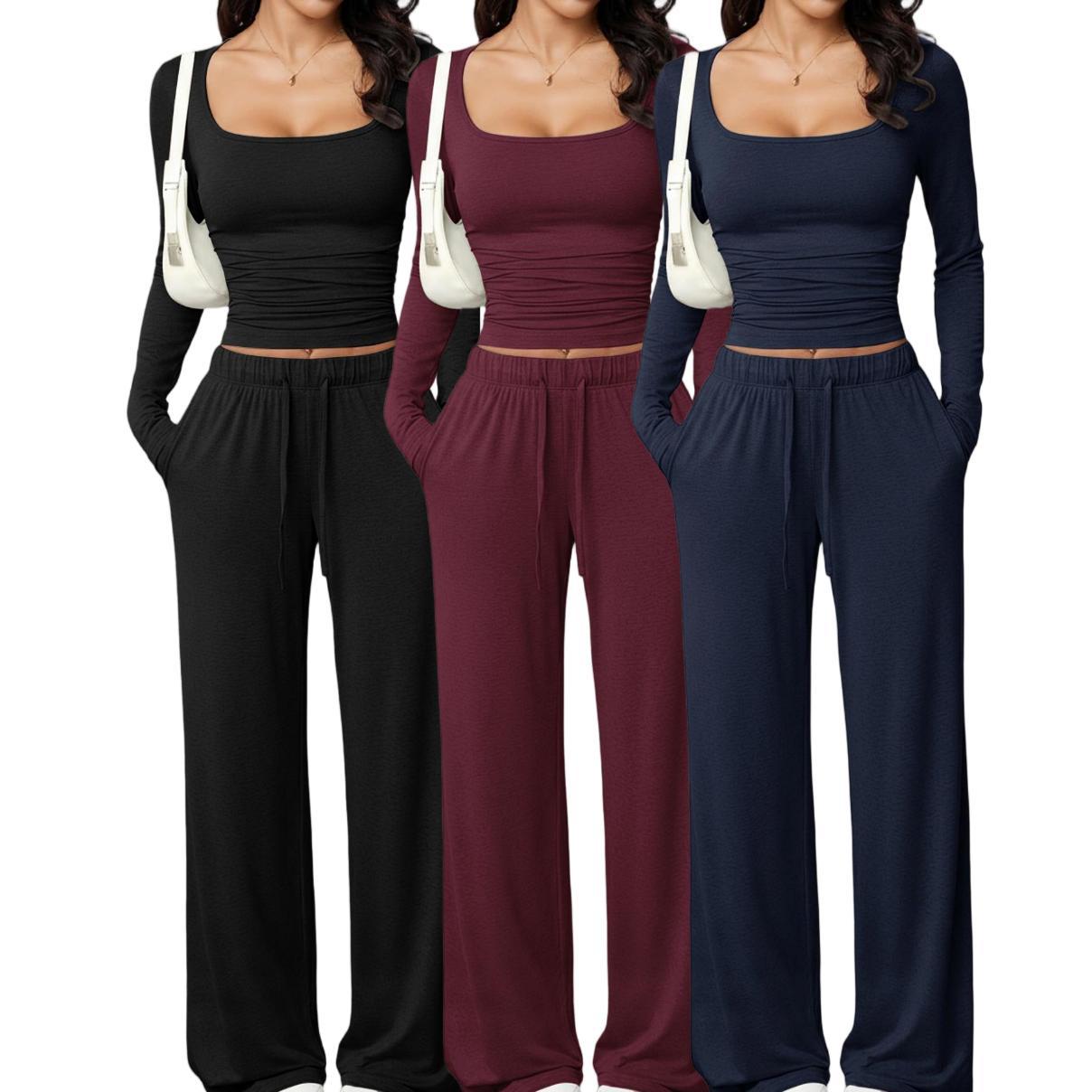 casual pants set with square-neck long-sleeve short top - Image 5