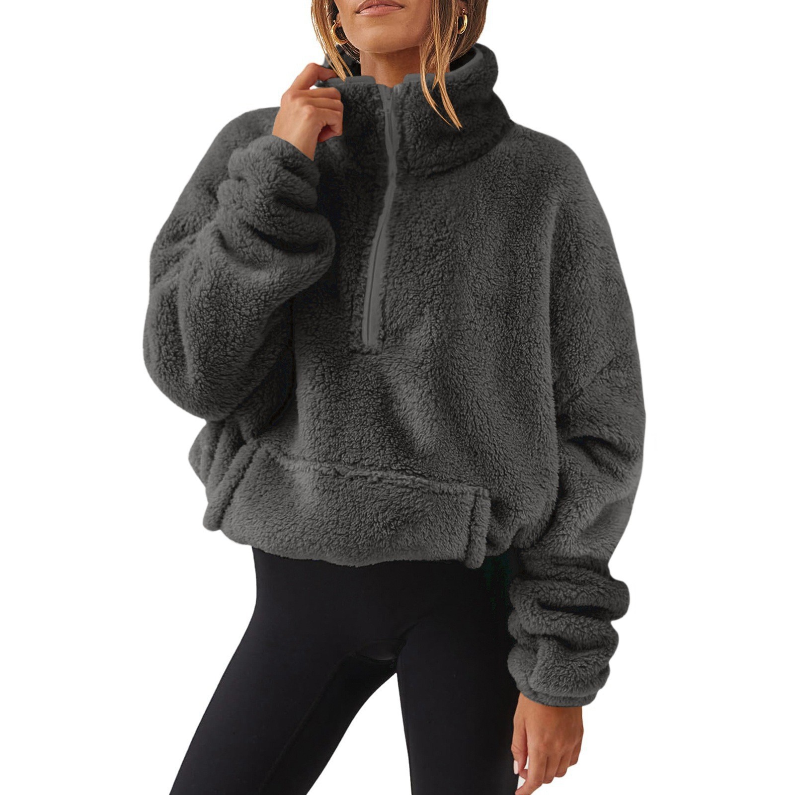 Womens Plush Fleece Half Zip Stand Up Collar Sweatshirt - Image 3