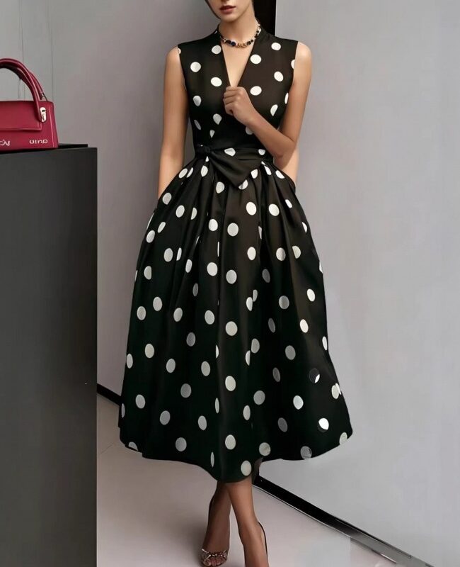 The Adrienne Elegant Polka Dot Slimming Dress Detail – La Rose Couture Dresses & Gowns