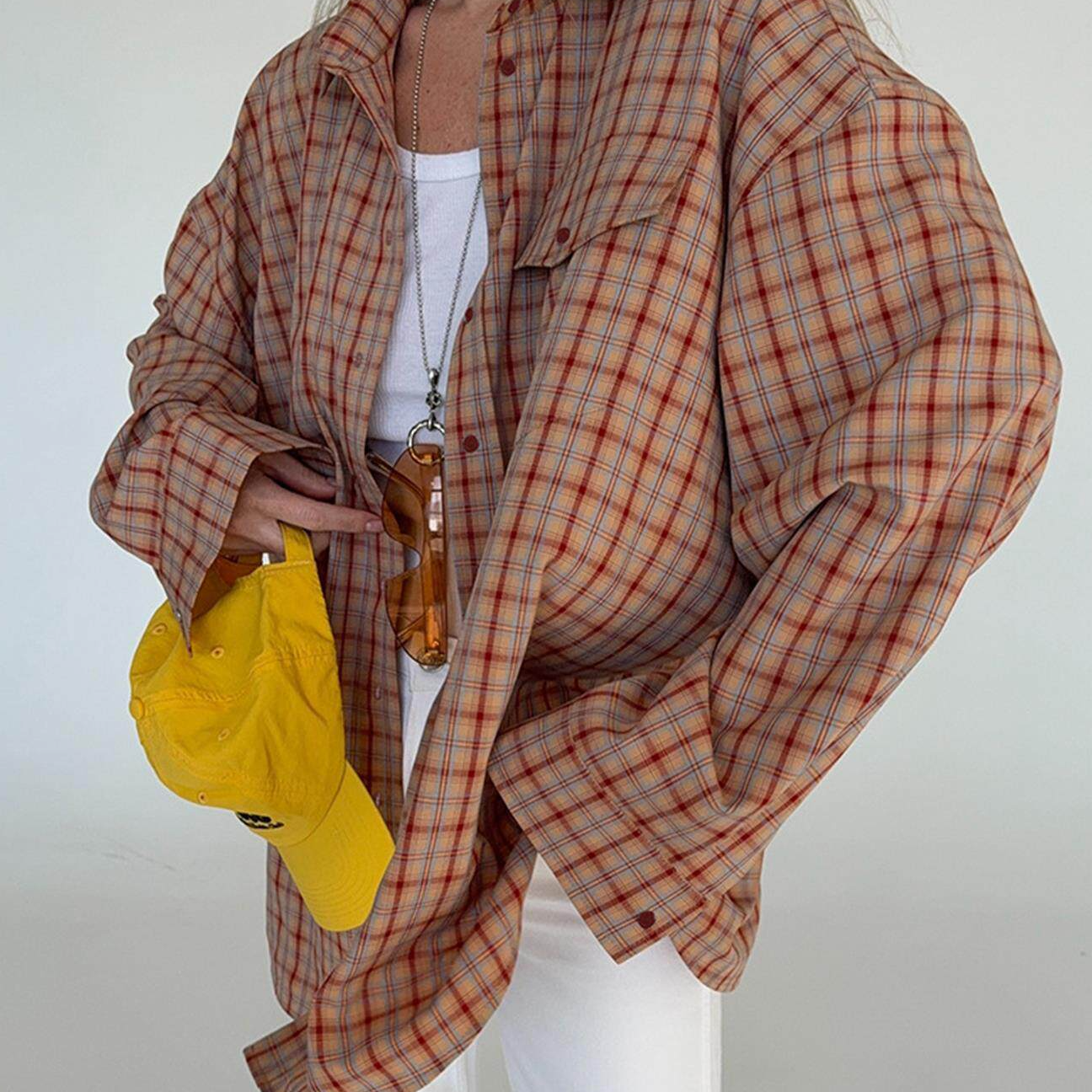 Loose Retro Plaid Long Sleeve Shirt - Image 5