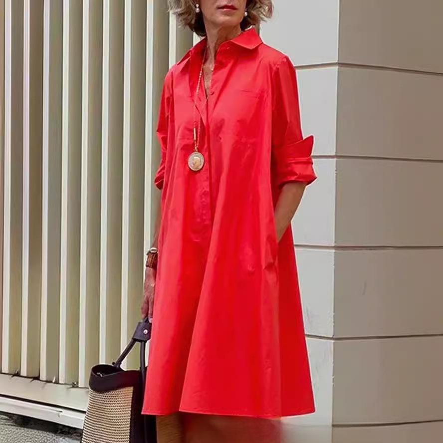 Women Loose Cotton Linen Plain Dress Bell Sleeve