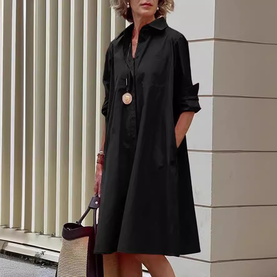 Women Loose Cotton Linen Plain Dress Bell Sleeve - Image 3