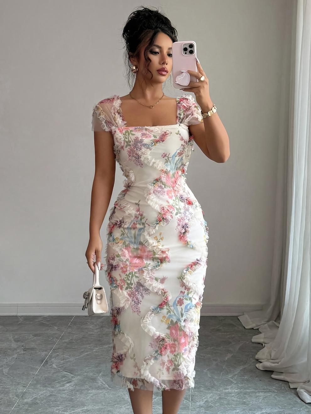 Elegant Mesh Floral Print Pleated Dress - Image 2