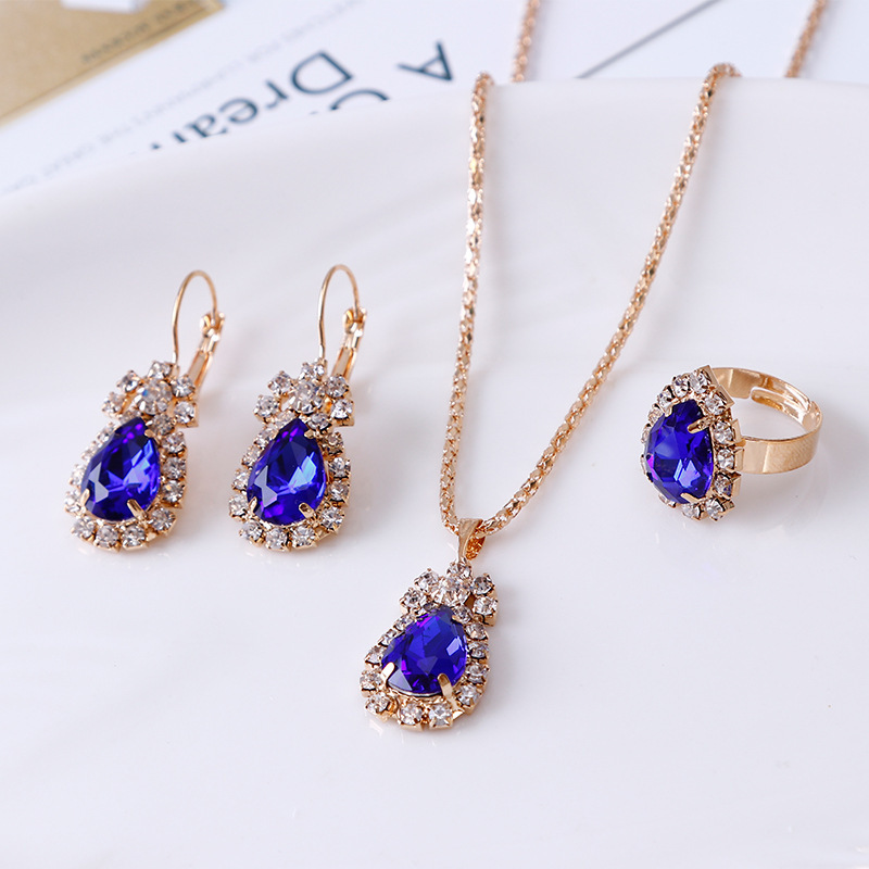 European and American Personalized Water Drop Rhinestone Necklace Earrings Ring Set - Image 3