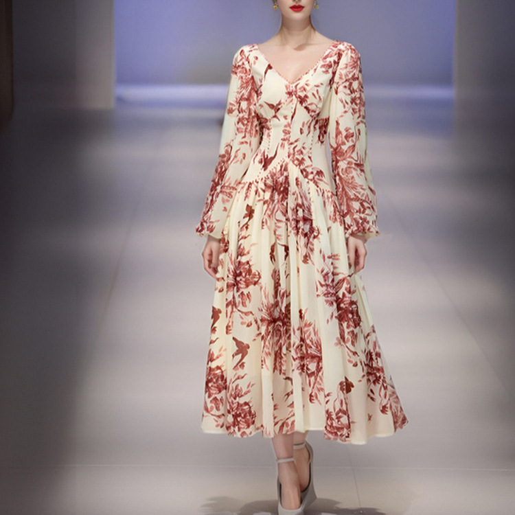Beaded Printed Chiffon Midi Dress