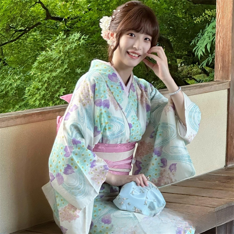 Womens Light Blue Long Kimono Yukata Dress with Girdle and Fan Headdress - Image 2