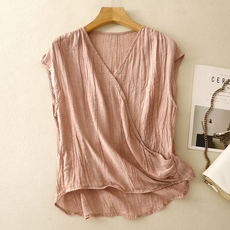 Women's Artistic Retro Sand-Washed V-Neck Patchwork Top with Flowing Sleeves - Image 2