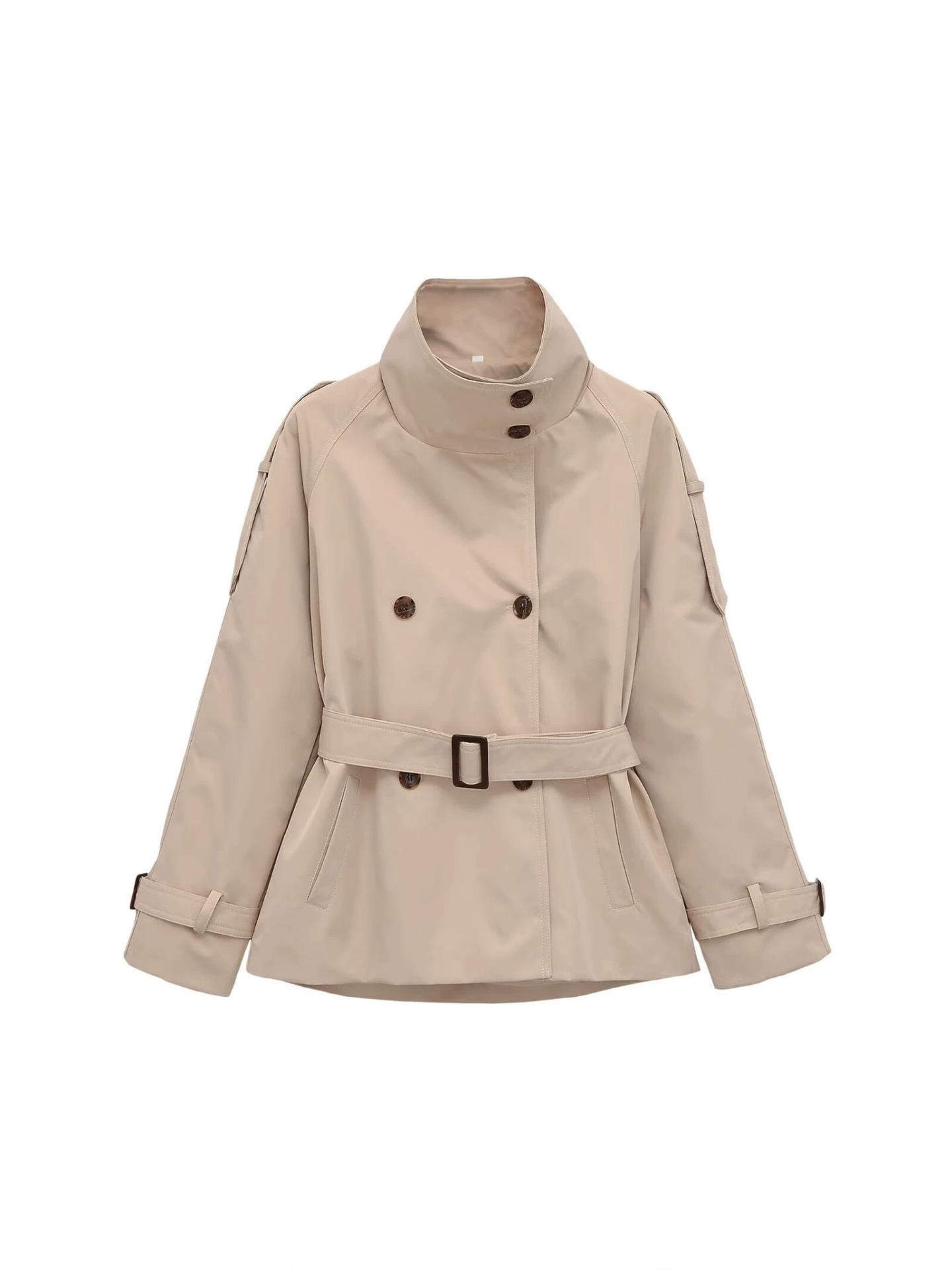 Women's Double-Breasted Stand Collar Belted Long Sleeve Short Trench Coat - Image 5