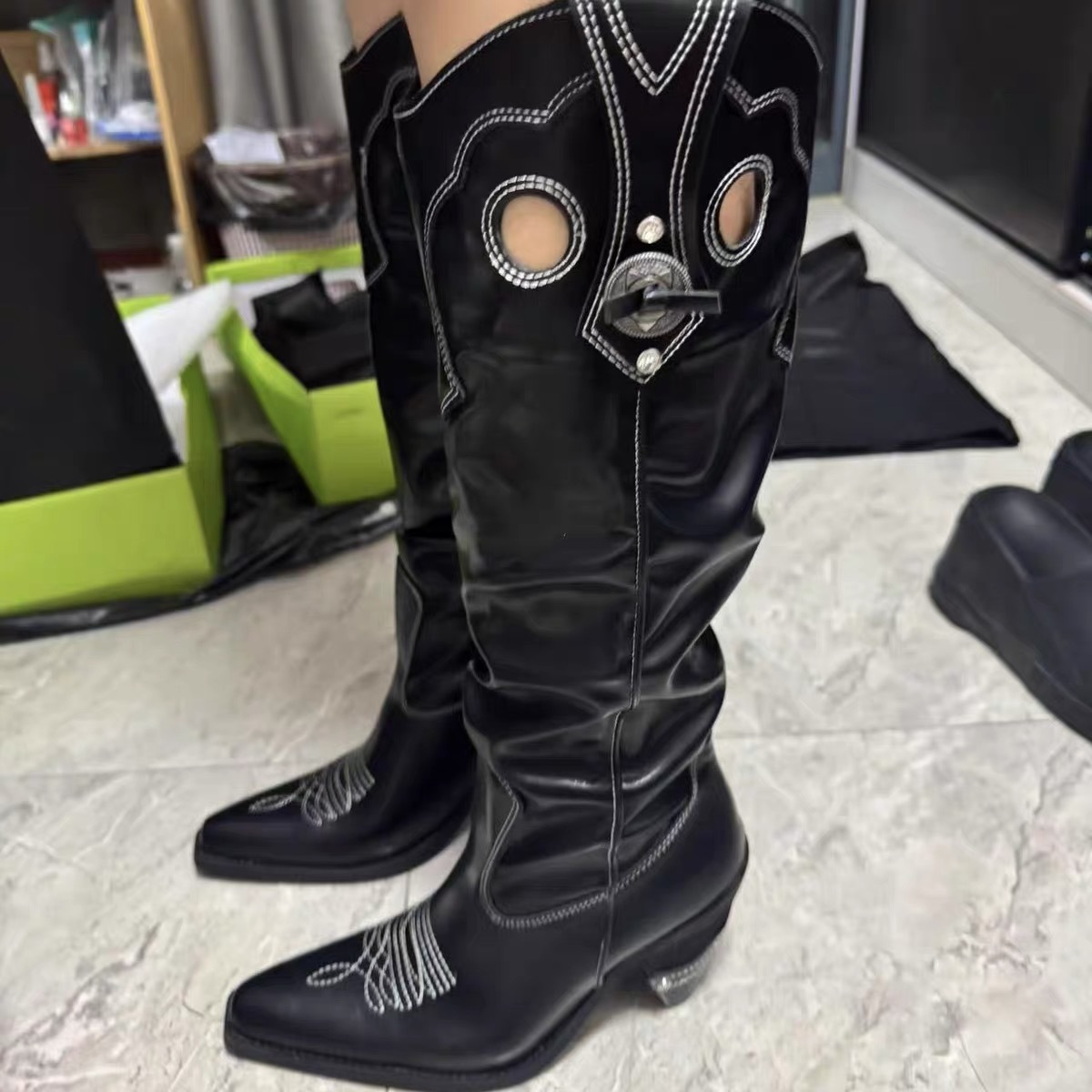 Women's Soft Leather Pointed Toe Hollow-Out High Heel Long Boots