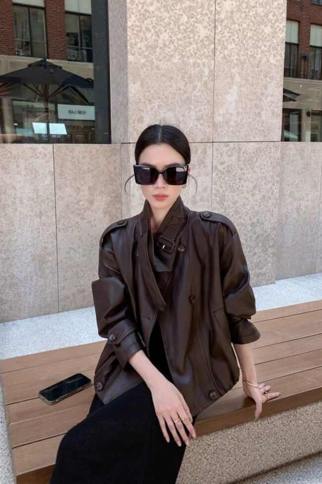 The Eugenie Vintage Washed Leather Jacket Loose Fit Double Breasted Outerwear Detail – La Rose Couture Coats & Jackets