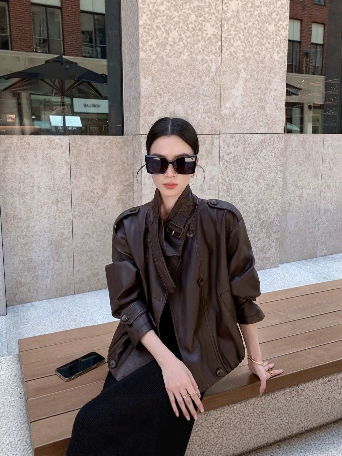 Women's Vintage Washed Leather Jacket Loose Fit Double Breasted Outerwear - Image 5
