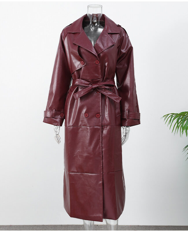 The Vivienne Deep Red Waist Cinching Belted Suit Collar Long Slim Fit Leather Coat Trench Jacket Detail – La Rose Couture Coats & Jackets